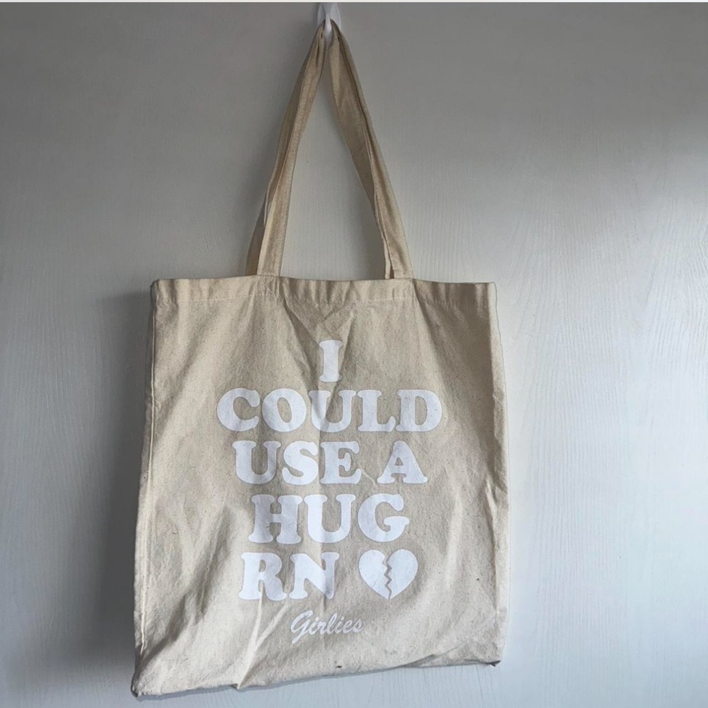 Tan Tote Bag with White Text